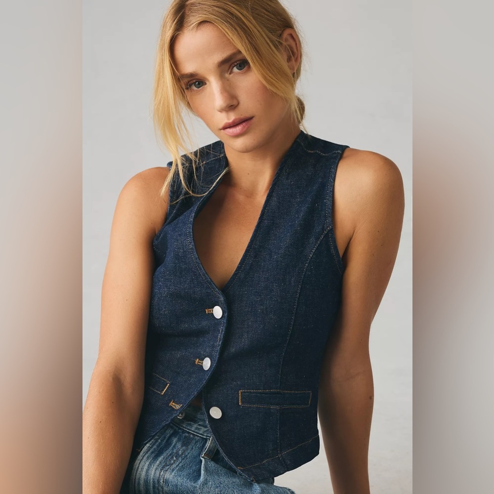 XL Pilcro denim vest from Anthropologie. Very well reviewed and sold out.